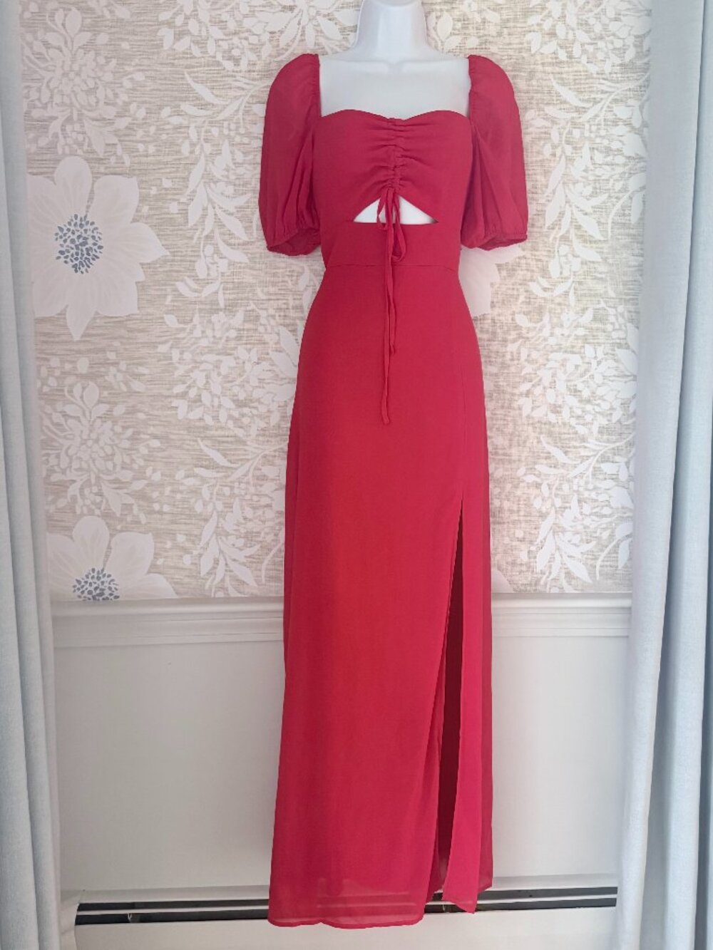 Lulus Red Cutout Ruched Maxi Dress Puff Sleeve Slit Size M Date Night